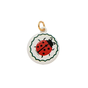 Runder Anhänger mit roter Marienkäfer-Illustration und goldenem Metallringverschluss