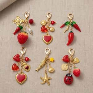 Stainless Steel 18K Gold Plated Keychain Vintage Multi Pendant Bag Charm With Strawberry Chili Heart Starfish For Women
