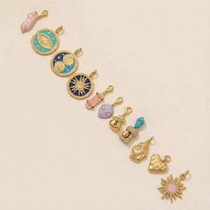 18K vergoldete Edelstahl Anhänger Set mit Emaille Auge und Herz Motiven