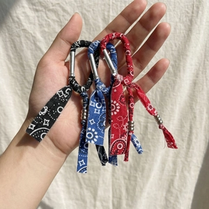 Vintage Paisley Print Fabric Bag Charm With Silver Carabiner Metal Beads Streetwear Cotton Bandana Keychain For Handbags Accessory