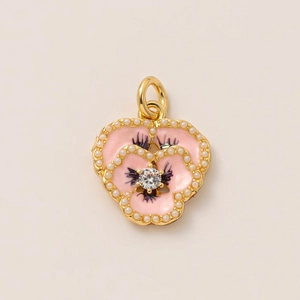 Vergoldeter 18K Stiefmütterchen Anhänger mit rosa Emaille und Perlenverzierung