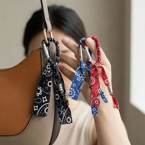 Fashionable paisley silk scarf keychain with metal D-ring for handbag decoration