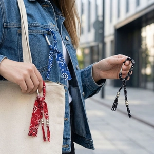 Bohemian paisley printed fabric keychain with metal lobster clasp in red blue and black