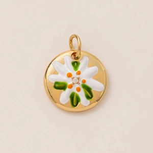 18K vergoldeter Blumenanhänger mit weißem Emaille-Muster und grünen Blättern