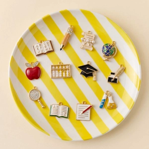School themed 18K gold plated enamel charms set with pencil book and globe pendants