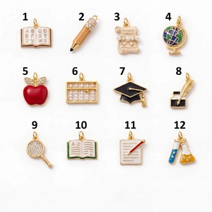Set of 12 gold school education pendants with books pencils and globe for DIY necklaces
