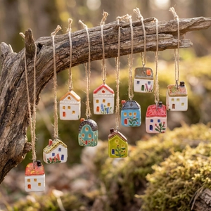 Colorful ceramic tiny house pendants with floral details on natural hemp rope