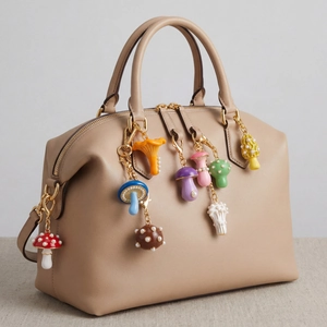 Brown leather Boston bag with colorful pearl mushroom charms and gold hardware