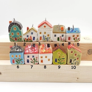 Set of 10 colorful mini ceramic house charms with floral patterns and metal hooks