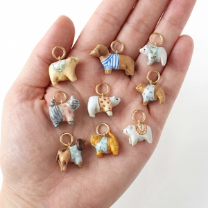 Cute hand-painted animal charms including bear, puppy and cat with 18K gold-plated rings