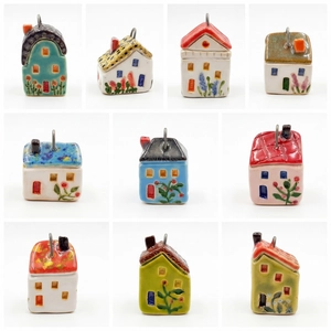 Set of nine colorful ceramic mini house pendants with glossy glaze and metal loops