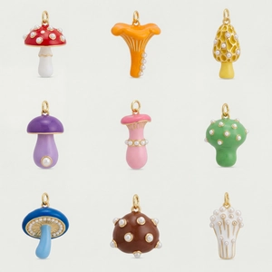 Colorful mushroom pendants with enamel coating and pearls in nine vibrant shades