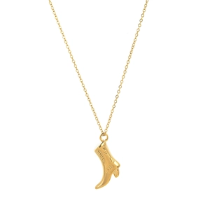 Detail of 18K gold plated cowboy boot pendant necklace with fine textured lines on O-chain