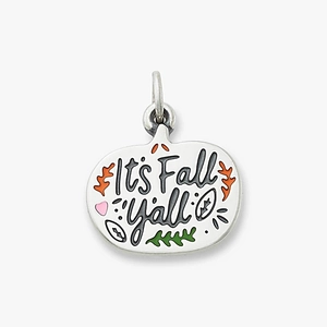 Detail of silver enamel pendant with It's Fall Y'all text and colorful autumn maple leaves
