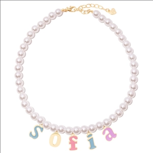 White pearl necklace with colorful enamel letters spelling SOFIA and golden heart charm