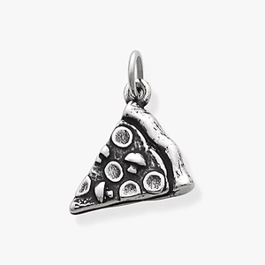 Macro detail of silver pizza slice pendant with textured pepperoni and mushroom engravings