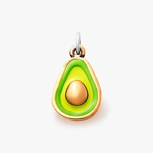 Macro view of a 3D avocado charm with green enamel and rose gold seed detail