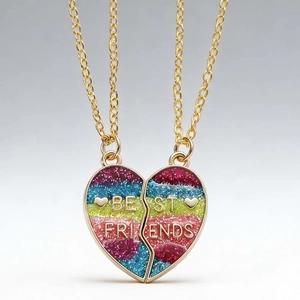 Gros plan des colliers Best Friends en cœur magnétique avec paillettes colorées et dorées