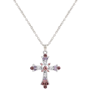 Gothic Y2K silver cross necklace with pink and purple rhinestones on white background