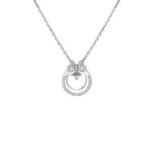 Elegant bow and moonstone garland necklace in silver finish with pink cat eye stone