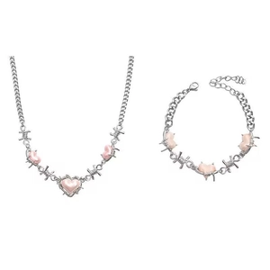 Pink heart pendant necklace and bracelet set with silver tone Cuban link chains