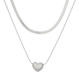 Double layer silver titanium steel necklace with snake chain and polished heart pendant