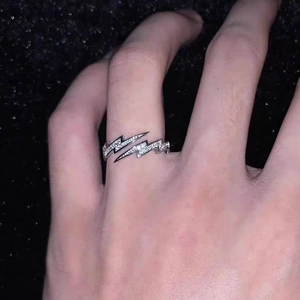 Men's hip-hop lightning bolt open ring with sparkling pavé zircons in silver finish