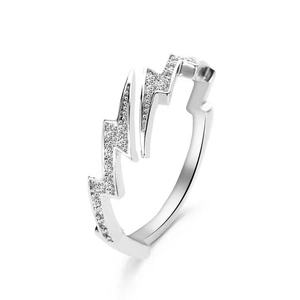 Adjustable lightning bolt ring for men with pavé white zircon stones in silver finish