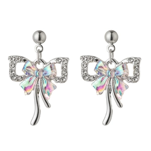 Boucles d'oreilles papillon irisées avec cadre argenté et strass scintillants