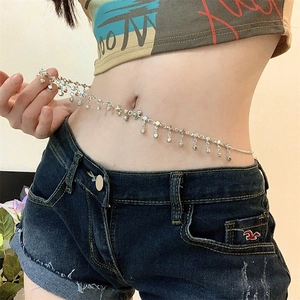 Women Sexy Rhinestone Tassel Waist Chain Adjustable Alloy Metal Belly Body Chain For Summer Beach Party Trendy Accessory