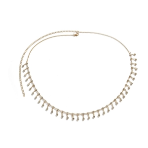 Gold body chain belt featuring sparkling rhinestone fringe on a sleek metal link strand