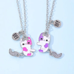 Simpatiche collane BFF magnetiche per ragazze con gatti smaltati rosa e viola