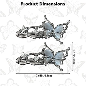 Barrettes papillon en métal argenté avec pierre œil de chat et mesures précises