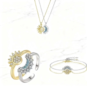 Set di Anelli Aperti Regolabili Sole e Luna Celeste per Donna Gioielli in Lega di Zinco Intarsiati con Strass Oro Argento Collana Bracciale