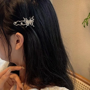 Détail d'une pince à cheveux papillon argentée avec opale blanche et strass sur cheveux