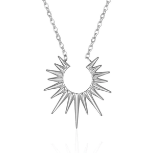 Retro silver sunflower pendant necklace with sunburst spike design on white background