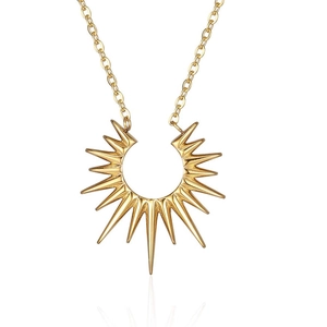 Golden sunburst pendant necklace with minimalist metallic spikes on O-chain for unisex
