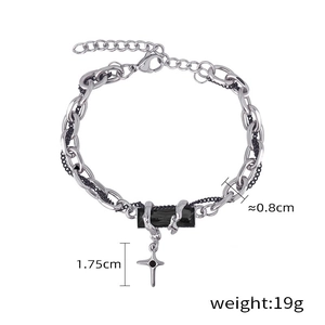 Bracelet en acier titane avec pierre noire et pendentif croix style punk pour homme et femme