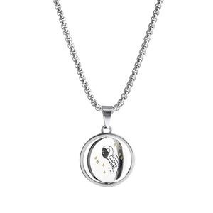 Titanium steel necklace with rotating astronaut pendant and stars on a silver box chain