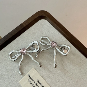 Zinklegierung Schleife Haarspange Mit Rosa Herz Strass Silber Flüssigmetall Stil Seitenclip Für Damen Mode Schmuck