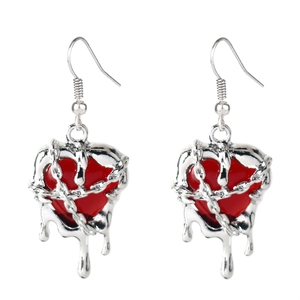 Gothic punk molten heart earrings with silver liquid metal wrap and red enamel finish