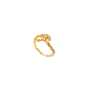 Golden snake-shaped open ring with cubic zirconia paving on white background