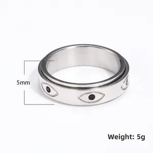 Bague rotative en acier titane avec motifs œil et cristaux noirs, 5mm de large