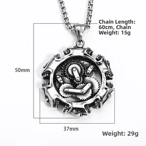 Collier tête de mort steampunk avec engrenages argent vintage pour homme, pendentif 50mm