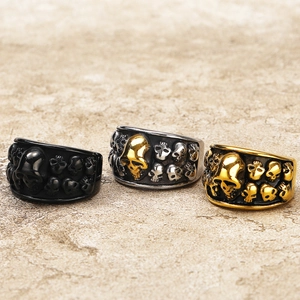 Retro punk double row skull rings in black, silver and gold finishes for men