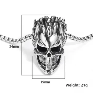 Punk style skull pendant necklace in silver stainless steel with 34mm height
