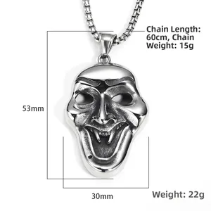 Pendentif masque de clown gothique vintage en acier inoxydable argenté pour homme hip hop
