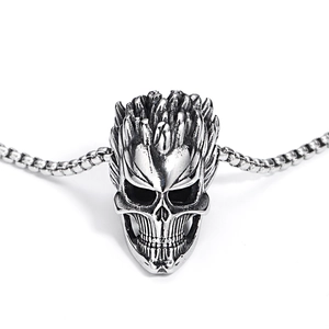Gothic punk skull pendant necklace in oxidized stainless steel with flame hair details