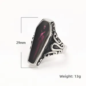 Vintage Gothic vampire coffin ring with black enamel and red figure in 29mm stainless steel