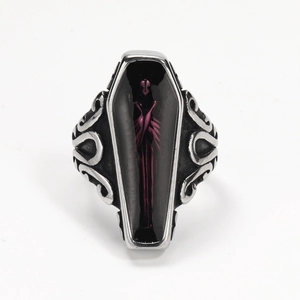 Vintage Gothic Vampire Coffin Ring For Men Stainless Steel Purple Skeleton Pattern Punk Style Retro Jewelry Finger Band